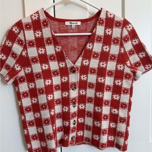 Cropped Red and White Checkered Button-Up Cardigan